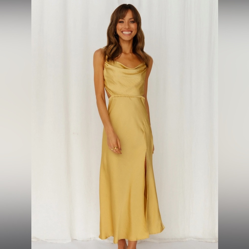 Yellow Mustard Satin Cowl Neck Midi Dress from Hello Molly